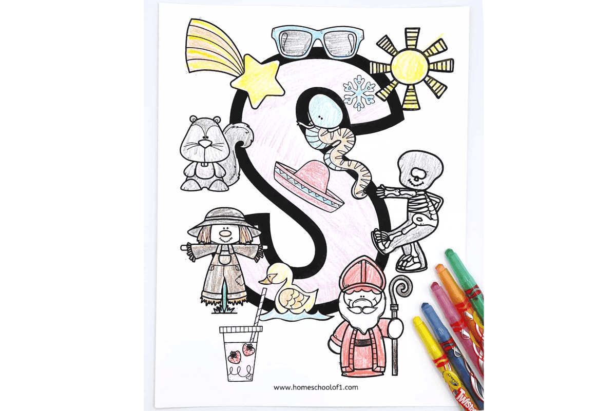 Free letter S coloring page with large uppercase S surrounded by pictures like a snake, skeleton, scarecrow, star, sun, sombrero, snowflake, sunglasses, smoothie, swan, squirrel, and Saint Nicholas, partially colored with crayons.