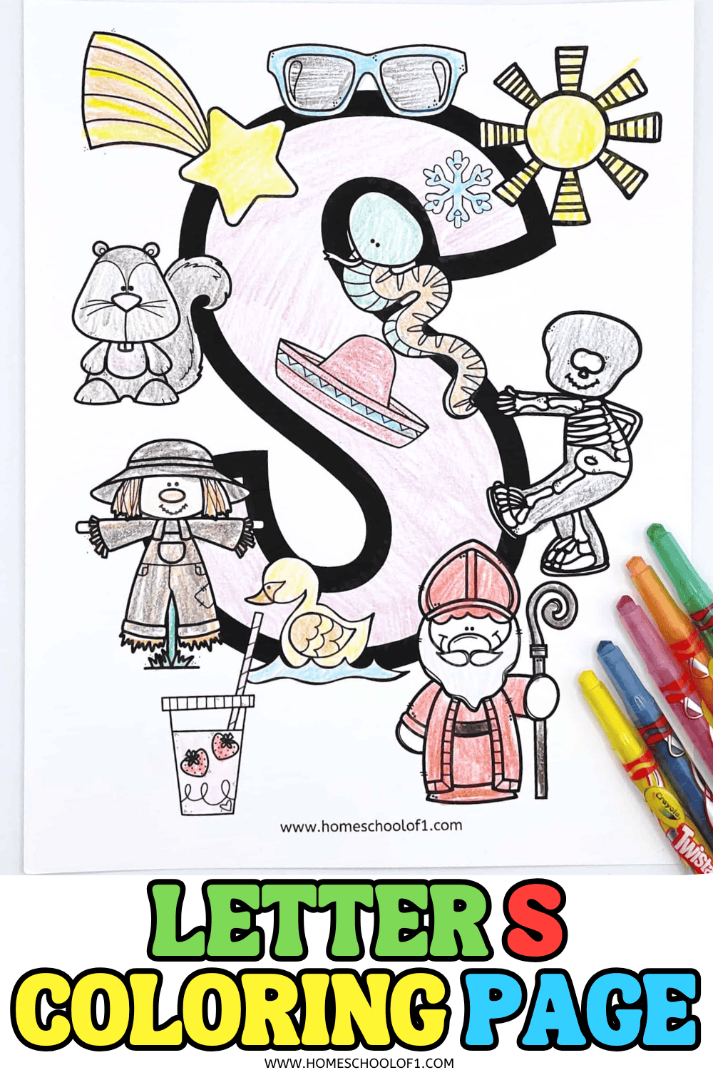 Letter S coloring page printable for kids showing an uppercase S with themed pictures to color, including a snake, sun, scarecrow, skeleton, and more, alongside bold text reading Letter S Coloring Page.