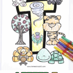 Coloring sheet showcasing the letter "T" surrounded by items that start with T—teddy bear, train, tree, tornado, tiger, thistle, turkey, and turtle—with the text “Letter T Coloring Page” at the bottom.