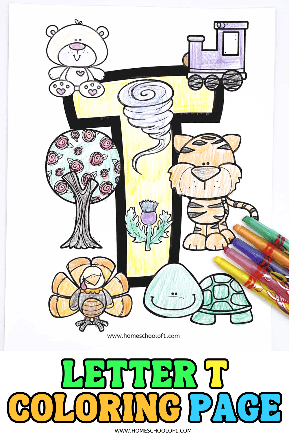 Coloring sheet showcasing the letter "T" surrounded by items that start with T—teddy bear, train, tree, tornado, tiger, thistle, turkey, and turtle—with the text “Letter T Coloring Page” at the bottom.