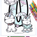 Letter U coloring page featuring unicorns, UFOs, an umbrella, and a sea urchin, colored with crayons.