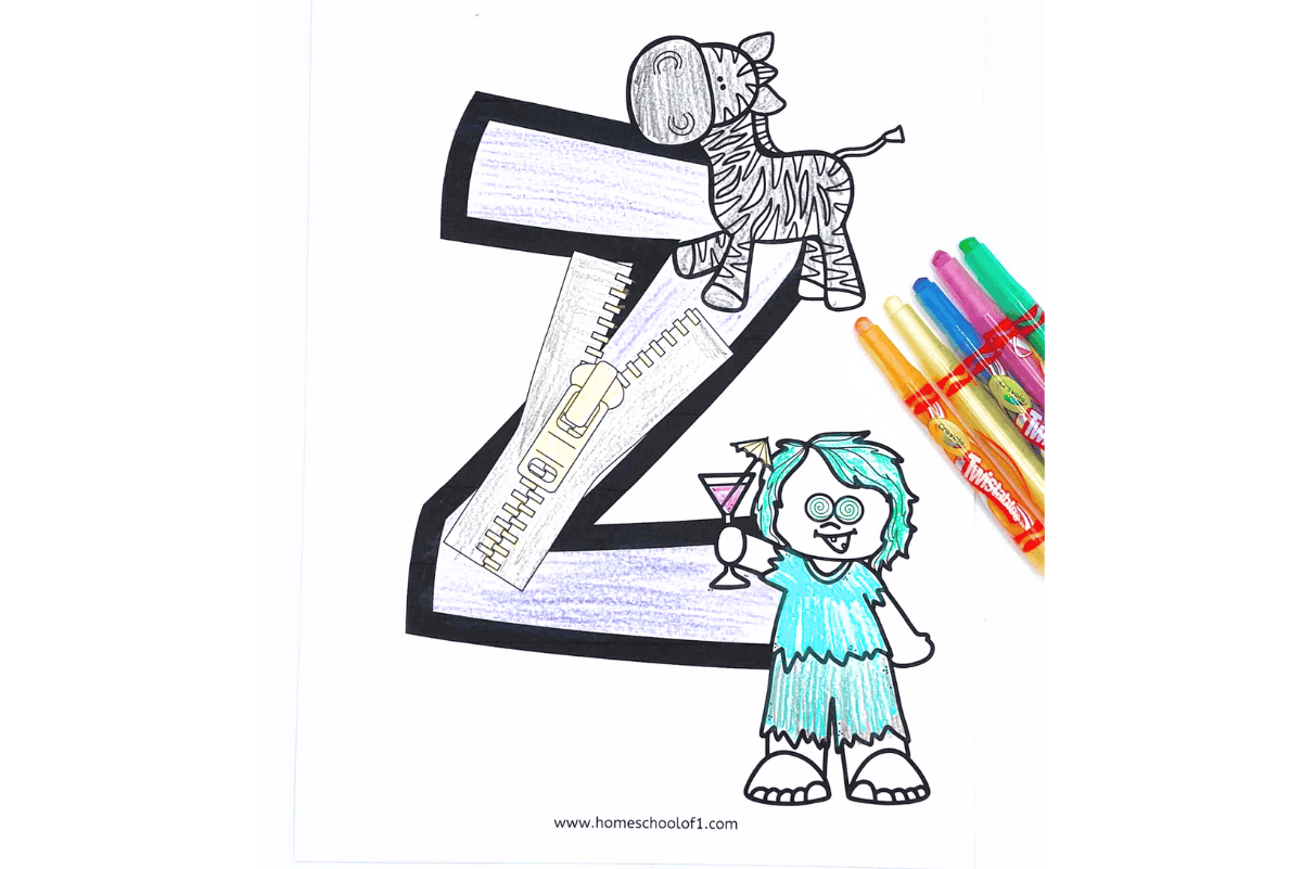 Printable letter Z coloring sheet with zebra, zipper, and zombie illustrations for preschool alphabet practice.