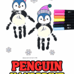 Two penguin handprint crafts made with black paint and a printable template, decorated with colorful hats and surrounded by snowflakes.