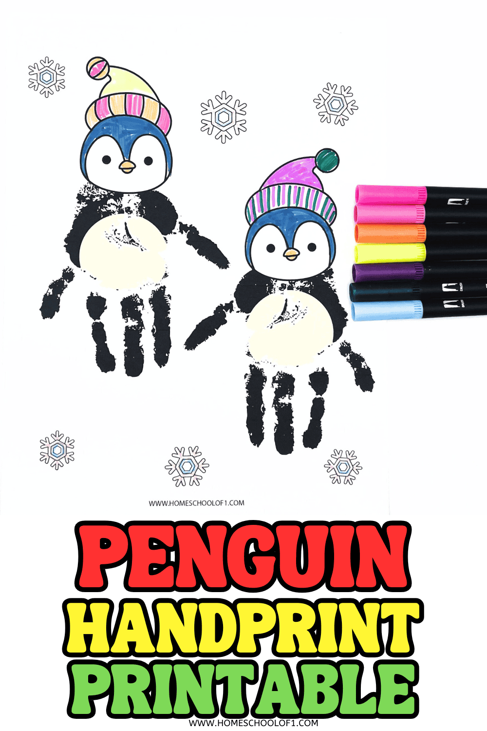 Two penguin handprint crafts made with black paint and a printable template, decorated with colorful hats and surrounded by snowflakes.