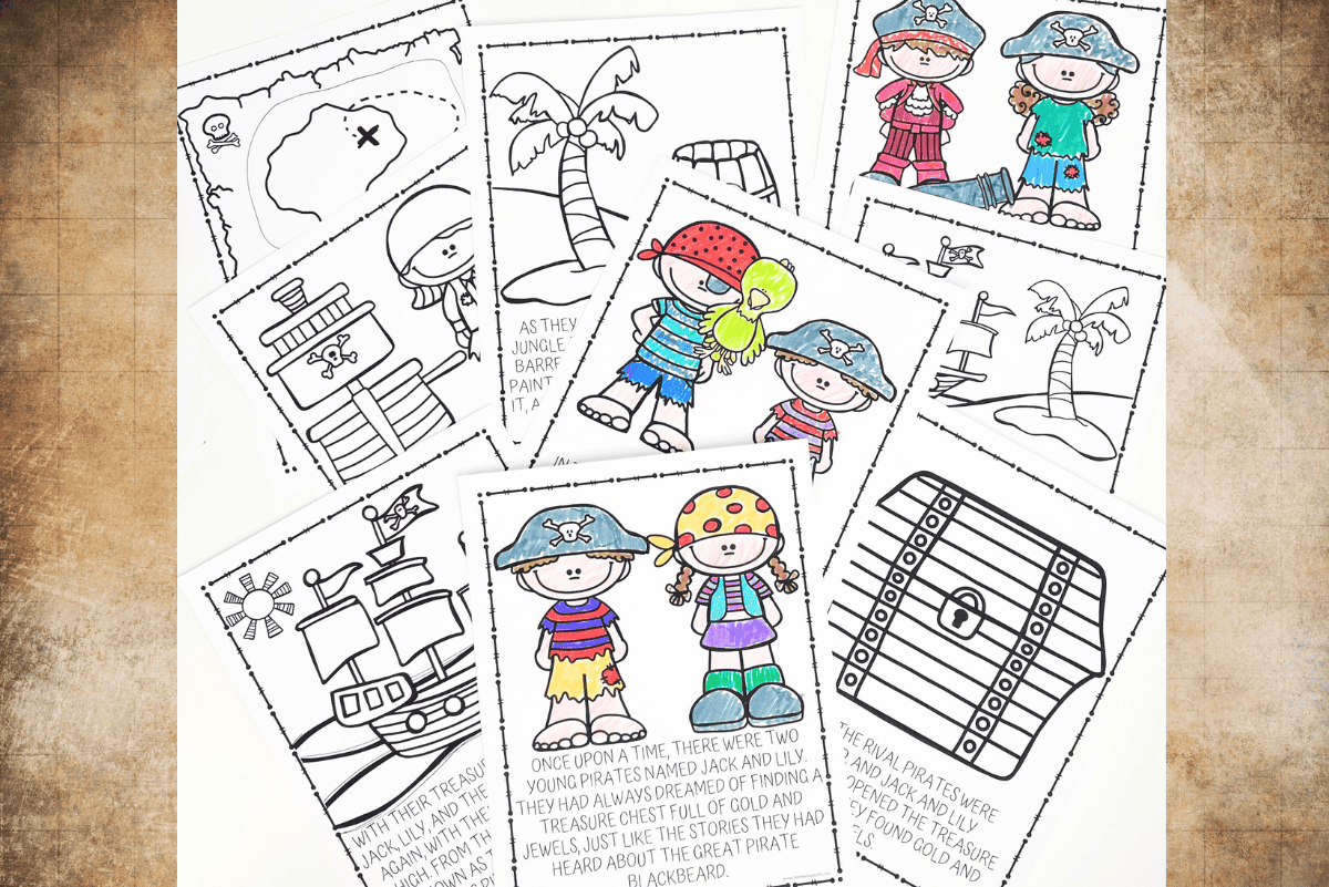 A collage of pirate-themed coloring pages arranged on a textured brown background. The pages feature cartoon-style drawings of pirates, ships, treasure chests, parrots, palm trees, and treasure maps. Some images are partially colored, and several pages include short pirate adventure stories about characters named Jack and Lily.