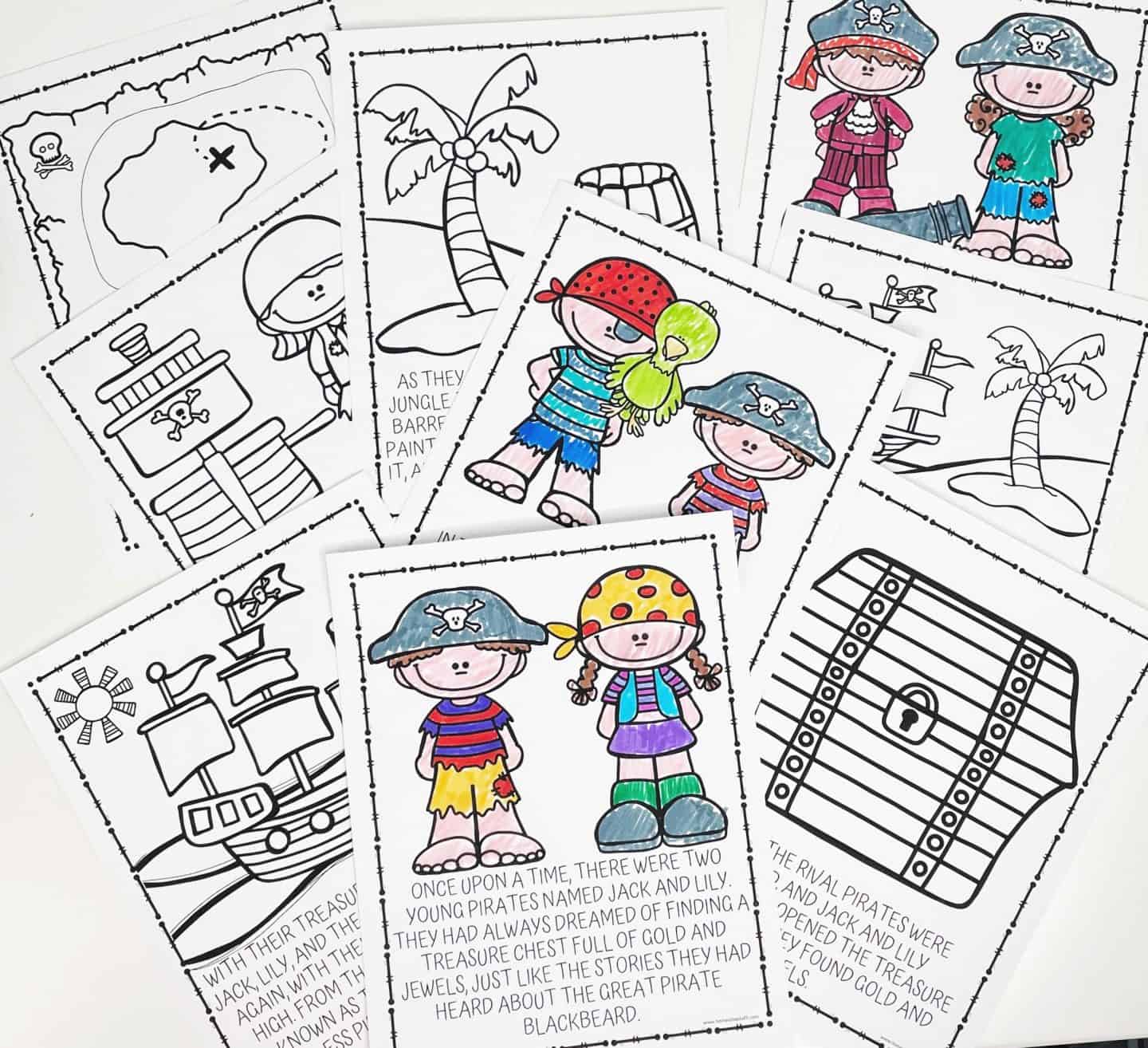 A collection of pirate-themed coloring pages for kids is scattered across a white surface. The pages include cartoon pirates, treasure maps, a treasure chest, pirate ships, palm trees, and a parrot. Some characters are partially colored in bright hues like red, blue, and green. A short pirate-themed story featuring characters Jack and Lily appears on a few pages. All illustrations are framed with a barbed border design.