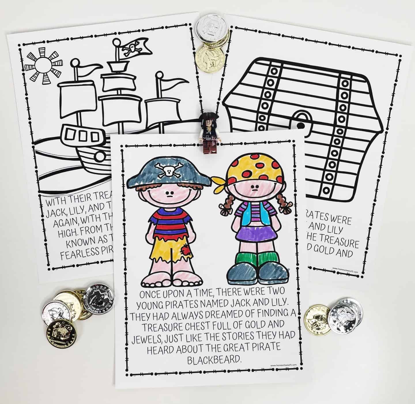 Three pirate-themed coloring pages are laid out on a white surface. The center page is fully colored and features two cartoon pirates, Jack and Lily, with a short story below about their dream of finding treasure like the great pirate Blackbeard. The other two pages show a pirate ship and a treasure chest, both uncolored. Gold and silver play coins and a small LEGO pirate figurine are used as decorative props around the pages.