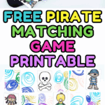 Printable pirate matching game with 12 cartoon card pairs including pirates, parrots, and skulls, ready to be cut out and used as a memory game for kids.