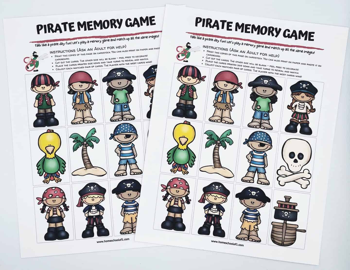  Two printable pirate memory game sheets, each featuring colorful cartoon characters including boy and girl pirates, a parrot, palm tree, treasure barrel, and skull and crossbones. Instructions at the top guide players to print, cut, and play the matching game for “Talk Like a Pirate Day” fun.