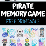 Pirate memory game free printable showing hand-drawn pirate-themed cards laid out on a table, including skulls, parrots, and colorful swirls.