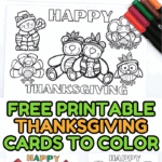 Multiple Thanksgiving coloring cards featuring bears, turkeys, owls, and pumpkins in a mix of black and white and colored designs.