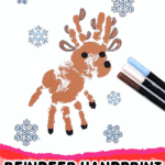 Completed reindeer handprint craft with black nose, ears, and blue snowflakes, next to three marker pens.
