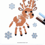 Two painted hands ready to stamp on a reindeer handprint template with snowflake designs, crayons, and a Christmas book.