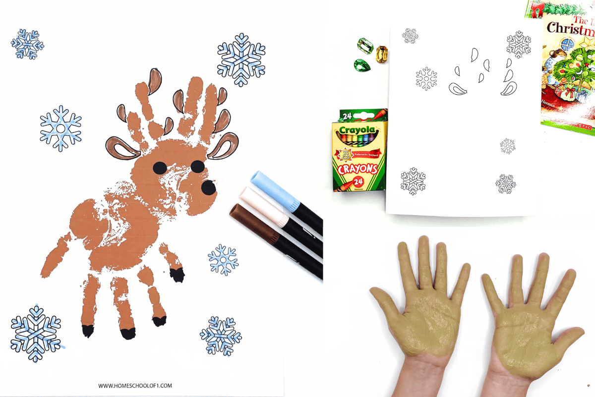 Brown handprint reindeer art with blue snowflakes and marker pens, surrounded by green and black text.