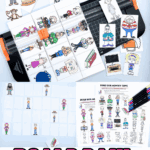 Roald Dahl memory game printable in use, featuring character cards, paper cutter, and coloring pages for kids.