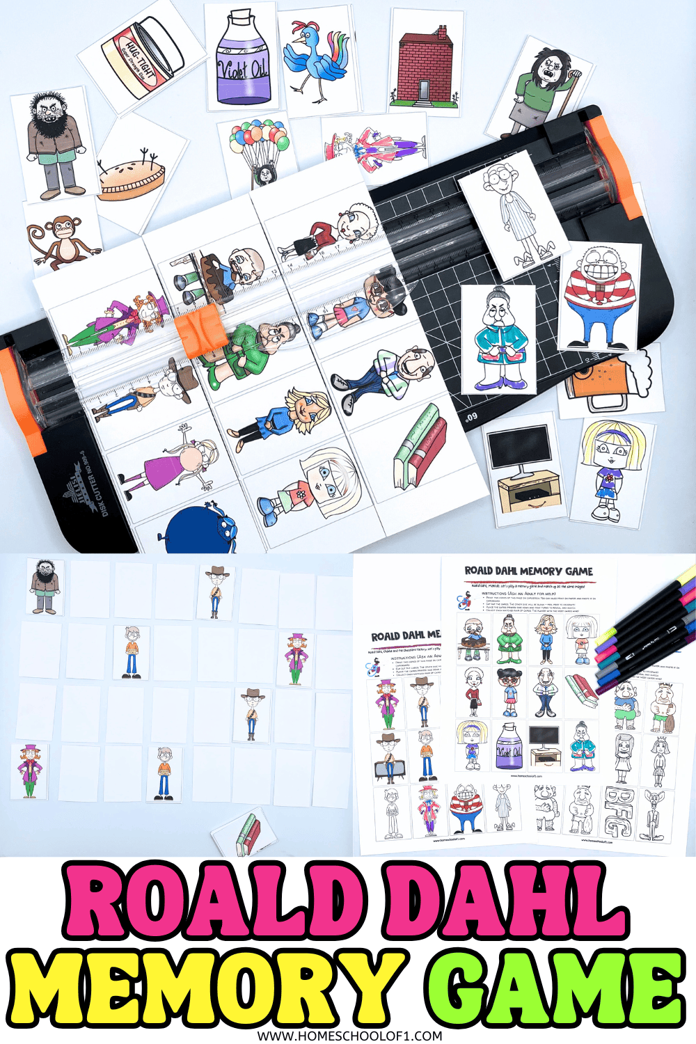 Roald Dahl memory game printable in use, featuring character cards, paper cutter, and coloring pages for kids.

