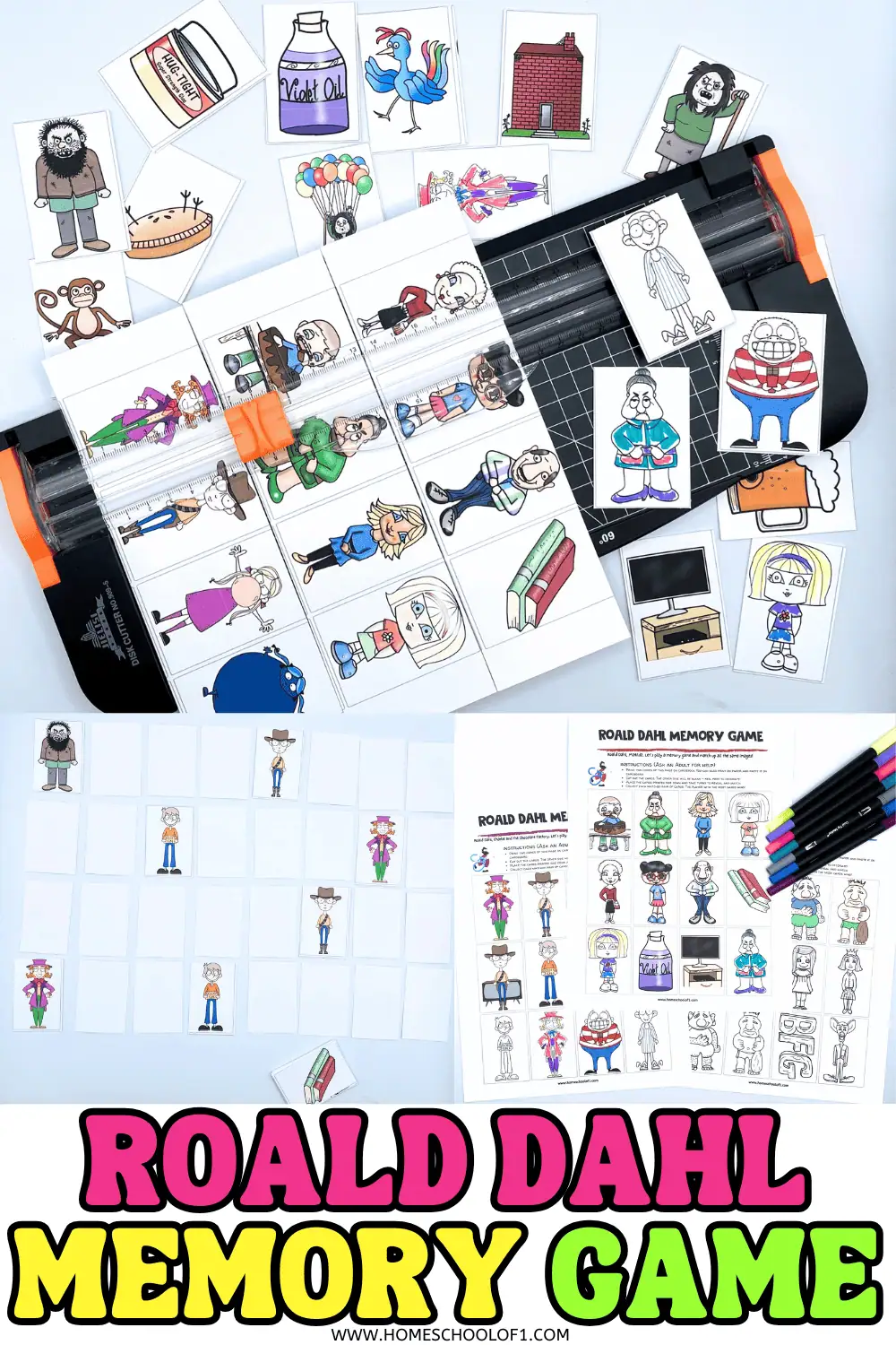 Roald Dahl memory game printable in use, featuring character cards, paper cutter, and coloring pages for kids.