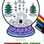 Handprint snow globe craft with a gray painted hand, snowy trees, and a castle inside a printable globe, decorated with markers.