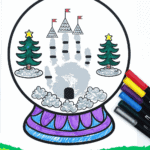 Winter-themed handprint craft showing a child’s gray handprint forming part of a snowy scene inside a printable snow globe with holiday trees.