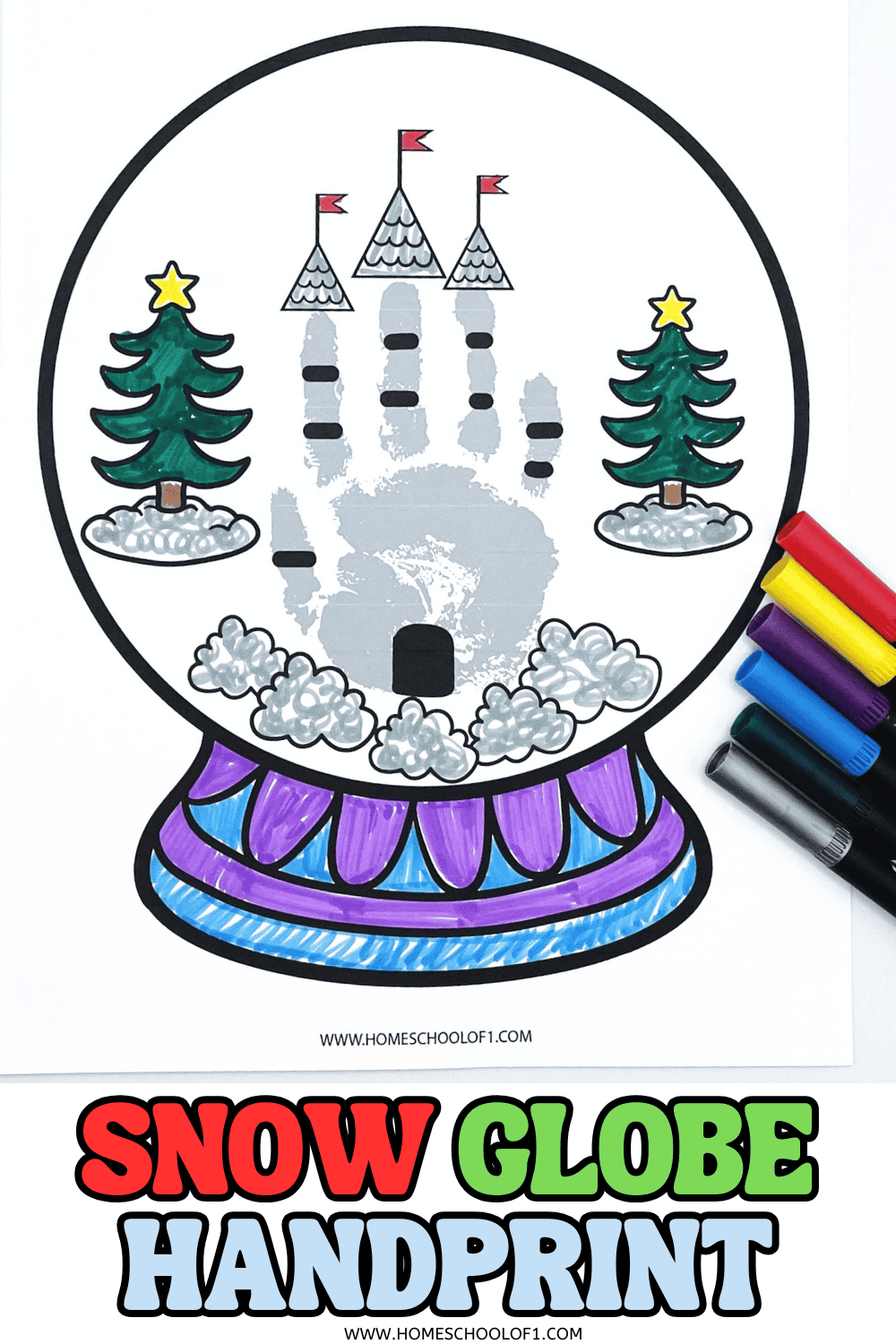 Handprint snow globe craft with a gray painted hand, snowy trees, and a castle inside a printable globe, decorated with markers.

