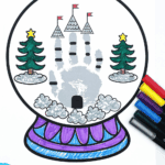 Printable snow globe craft featuring a child’s gray handprint as a snow castle, surrounded by trees, snow, and colorful decorations.