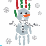 Snowman made with handprints, decorated with scarf and carrot nose, surrounded by snowflakes and framed in a blue winter border.