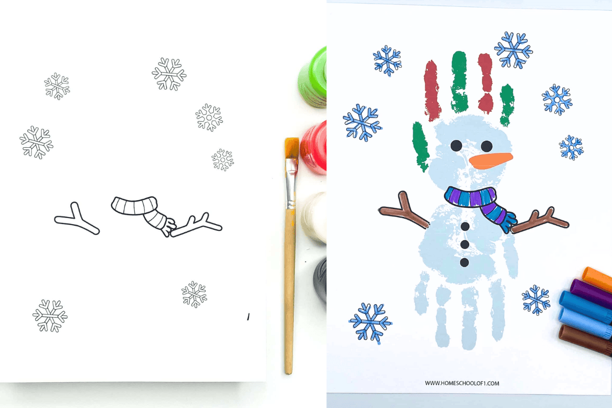 Side-by-side snowman handprint craft showing blank template and finished version with painted handprints, snowflakes, scarf, and arms.