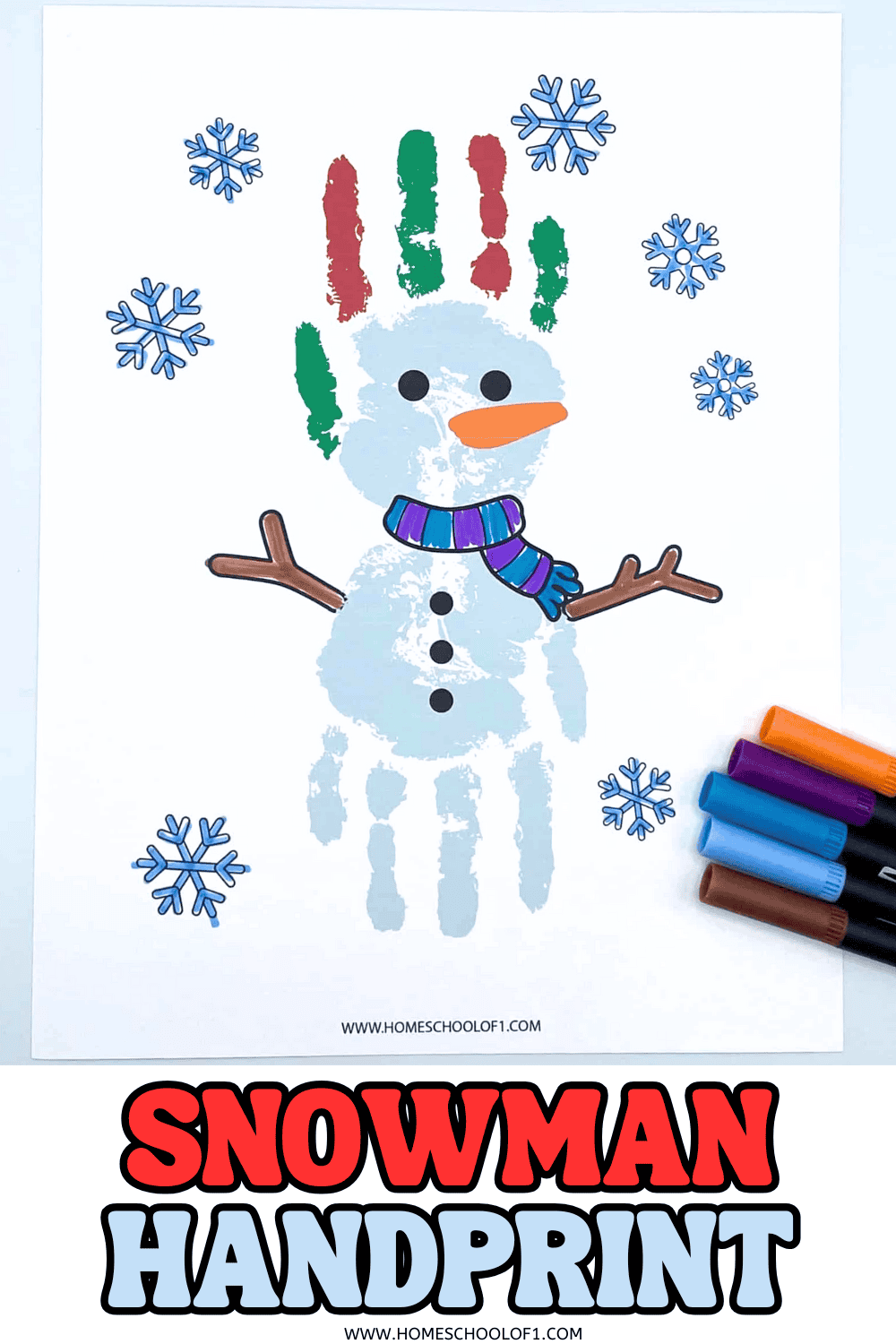 Completed snowman handprint craft with red and green painted fingers, orange carrot nose, scarf, and markers alongside.

