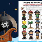 Printable pirate memory game page featuring twelve colorful cartoon illustrations, including boy and girl pirates, a parrot, a palm tree, a treasure barrel, and a skull and crossbones. Displayed next to a cartoon pirate ship with a black sail and skull emblem on a starry ocean background.