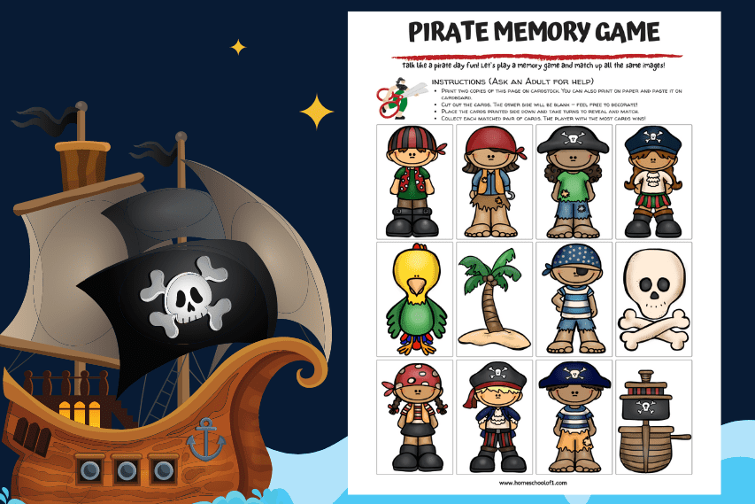 Printable pirate memory game page featuring twelve colorful cartoon illustrations, including boy and girl pirates, a parrot, a palm tree, a treasure barrel, and a skull and crossbones. Displayed next to a cartoon pirate ship with a black sail and skull emblem on a starry ocean background.