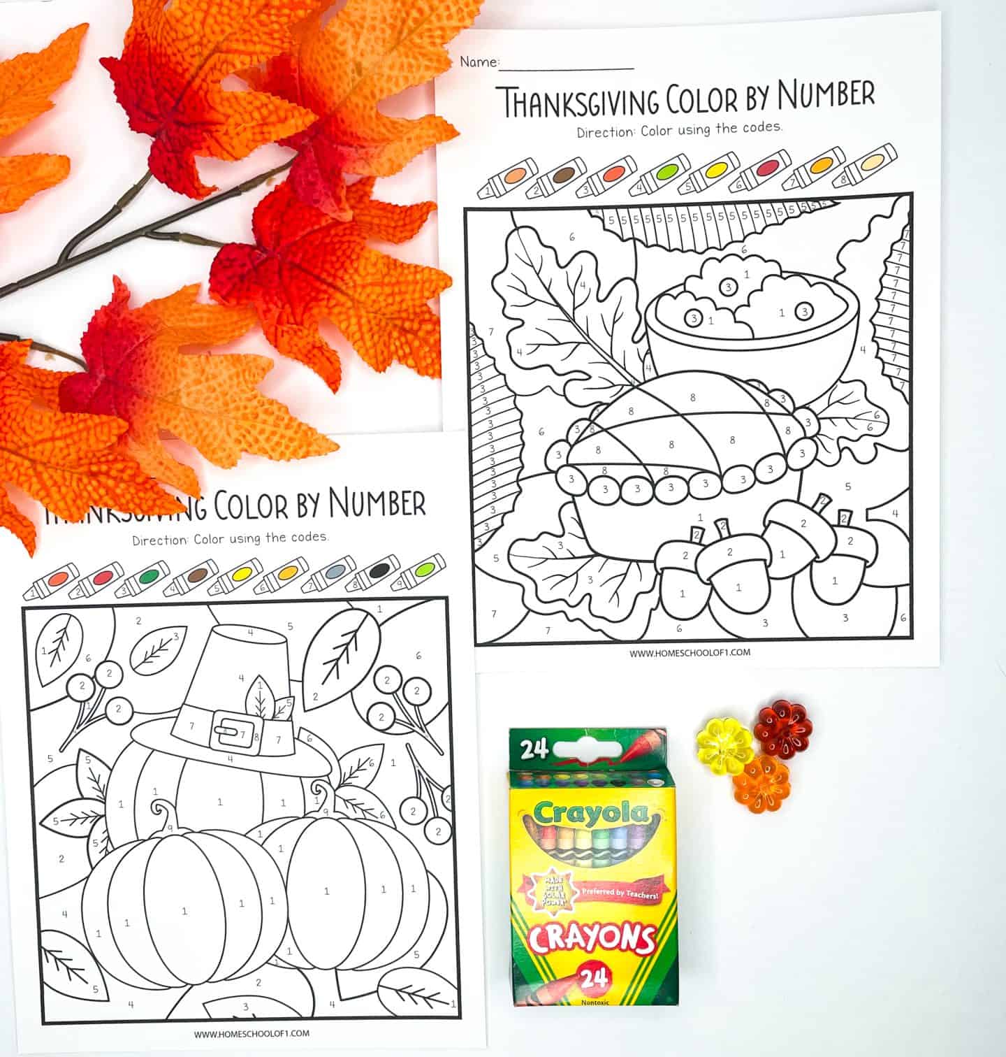 Two Thanksgiving-themed color-by-number worksheets are displayed, one featuring a pumpkin pie with whipped cream alongside fall leaves and acorns, and the other showing a trio of pumpkins with a pilgrim hat. A box of 24 Crayola crayons and festive autumn decorations, including artificial orange leaves and small plastic flowers, are arranged around the pages.