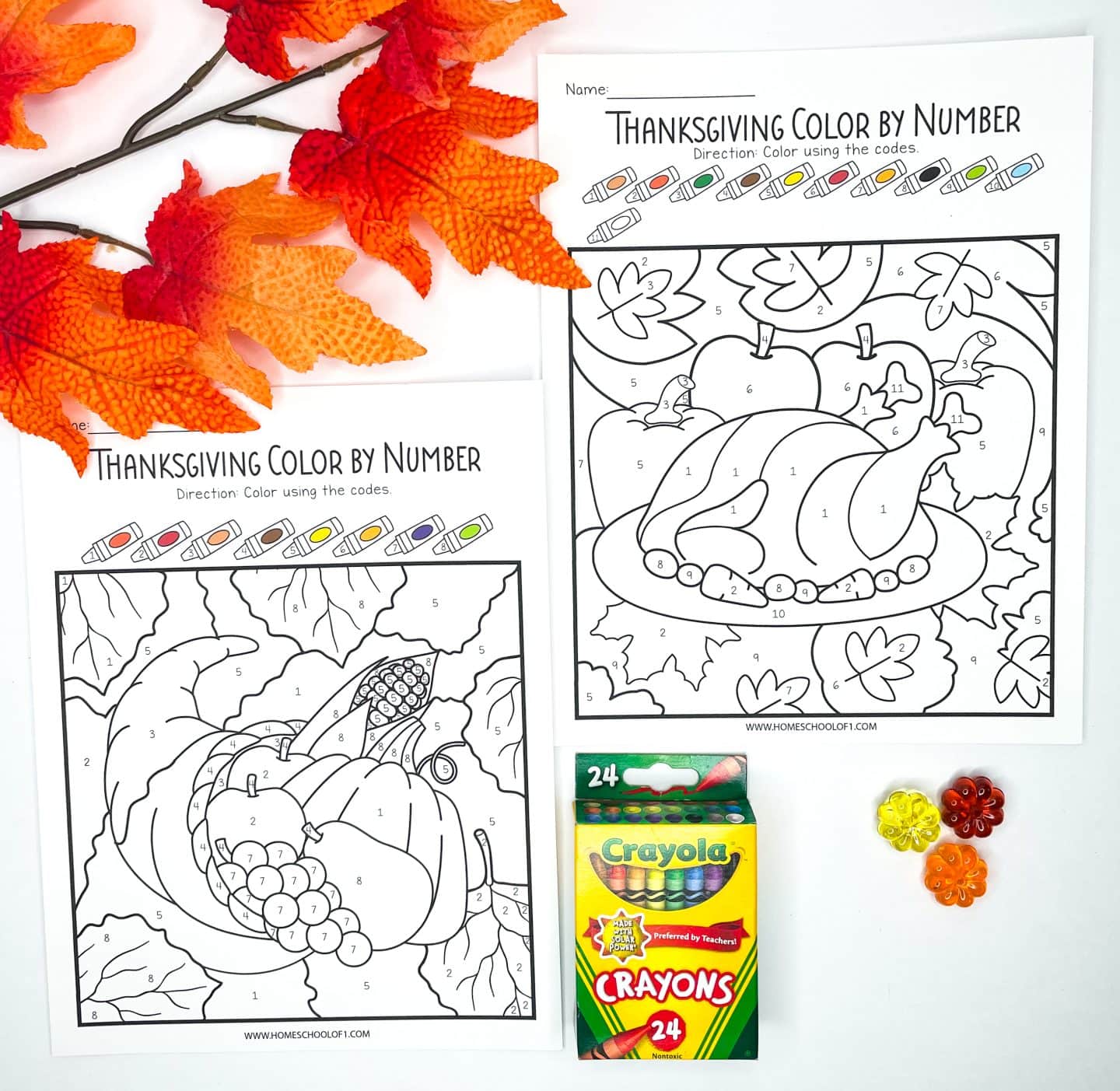 Two Thanksgiving color-by-number worksheets are shown uncolored, one featuring a cornucopia filled with pumpkins, corn, and grapes, and the other displaying a cooked turkey surrounded by pumpkins and fall leaves. A box of 24 Crayola crayons and decorative fall items, including faux leaves and plastic flowers, are arranged around the pages for a festive setup.

