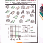 Free Thanksgiving count and graph worksheet showing turkeys, leaves, pumpkins, and bears with a completed bar graph activity.