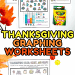 Set of free Thanksgiving graphing worksheets showing pumpkins, leaves, turkeys, and bar graph activities with crayons.