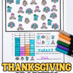 Thanksgiving graphing worksheet for kids featuring turkeys, owls, pigs, and pilgrims with a colorful bar graph.
