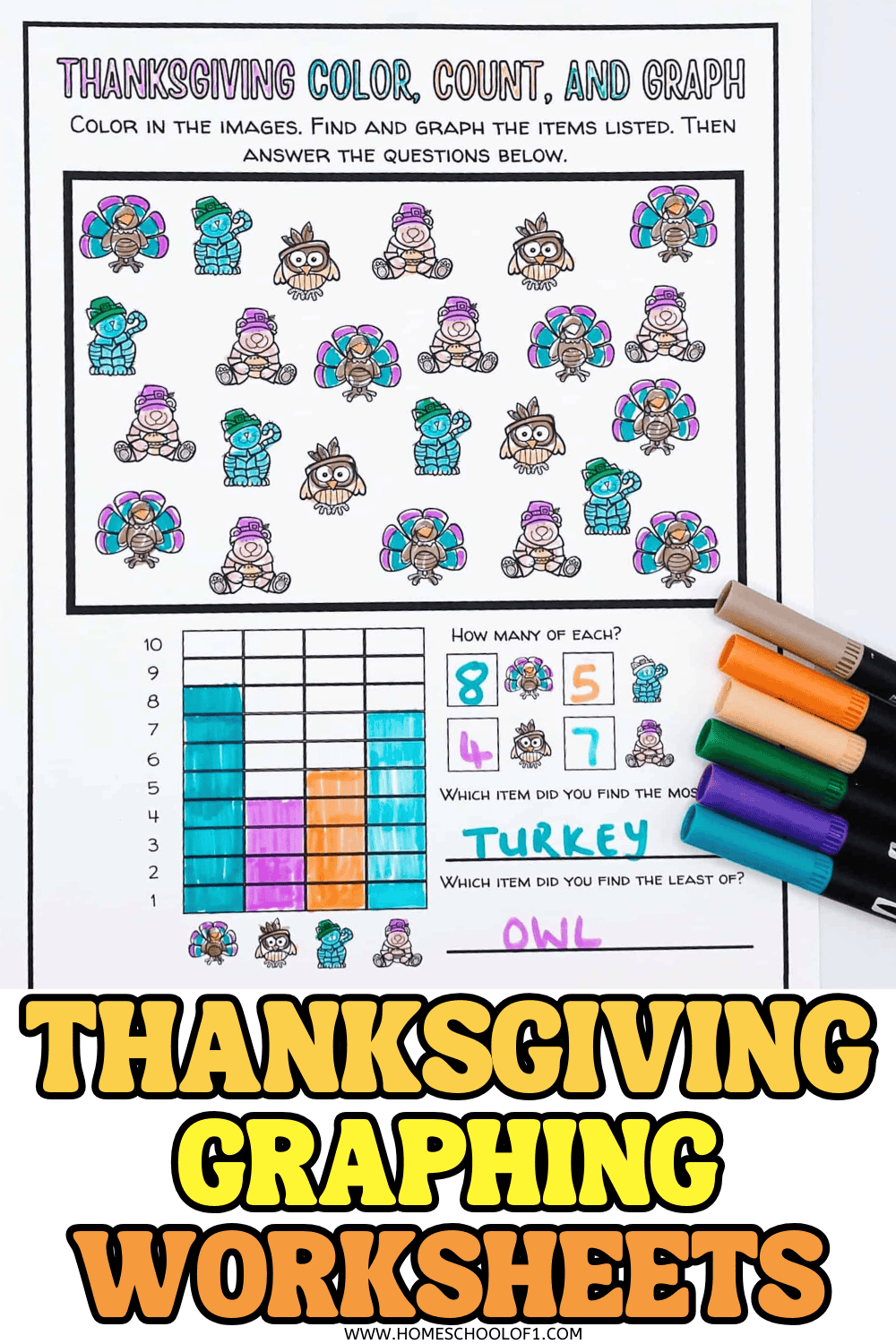 Thanksgiving graphing worksheet for kids featuring turkeys, owls, pigs, and pilgrims with a colorful bar graph.
