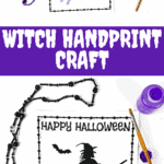 Witch handprint craft with black witch on broom and purple child handprint for Halloween fun