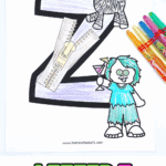 Free letter Z coloring page for kids featuring a large bubble-style Z with a zebra, zipper, and cartoon zombie to color.