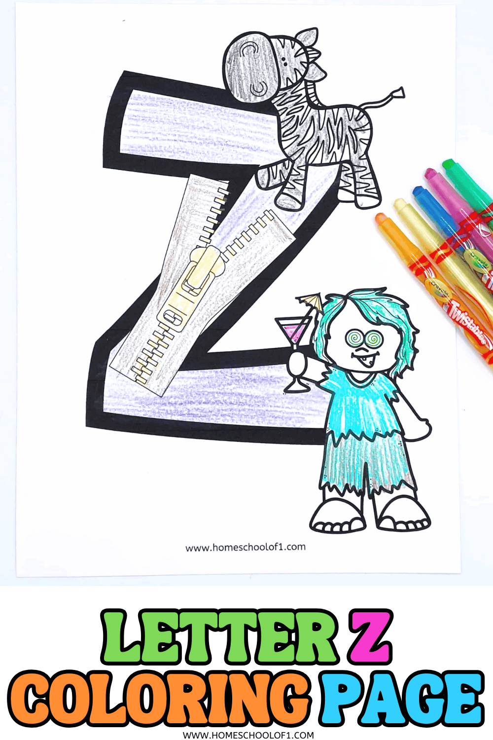 Free letter Z coloring page for kids featuring a large bubble-style Z with a zebra, zipper, and cartoon zombie to color.