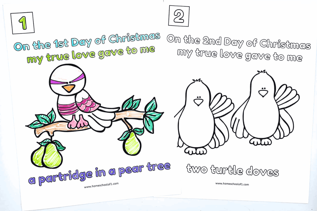 Two printable 12 Days of Christmas coloring pages featuring “a partridge in a pear tree” fully colored and “two turtle doves” in black and white, with bold holiday-themed text and cartoon-style illustrations.