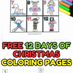 Two printable coloring pages showing the 12 Days of Christmas song with individual illustrations for each verse, including partridge and turtle doves.