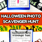 Halloween photo scavenger hunt printable with zombie-themed decorations and Halloween props on a table.