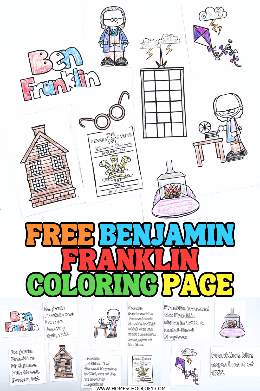 Hand-colored Benjamin Franklin coloring page printables showing Franklin, his inventions, bifocals, kite experiment, printing press, Franklin stove, and timeline cards.
