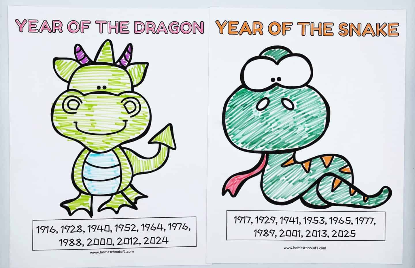 Two Chinese zodiac coloring pages featuring a green dragon with purple horns for the "Year of the Dragon" and a green snake with orange spots for the "Year of the Snake." Each page includes a list of birth years that correspond to the zodiac sign, ranging from the early 1900s through the 2020s.

