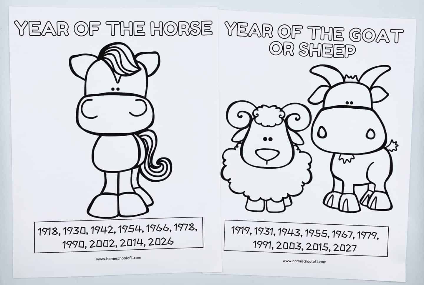Black and white Chinese zodiac coloring pages featuring a horse for the “Year of the Horse” and a goat and sheep for the “Year of the Goat or Sheep.” Each page lists the corresponding birth years, ranging from the early 1900s to the 2020s, with simple cartoon-style illustrations ready to be colored in.

