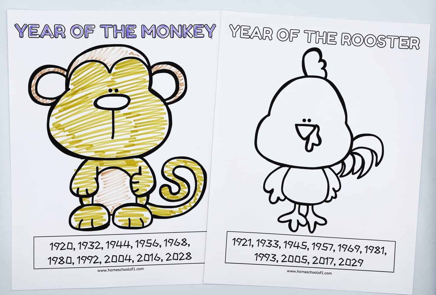 Two Chinese zodiac animal coloring pages: one features a colored-in monkey labeled “Year of the Monkey” with years from 1920 to 2028 listed, and the other shows an uncolored rooster labeled “Year of the Rooster” with corresponding birth years from 1921 to 2029. Both are outlined in bold black and designed for kids to color.