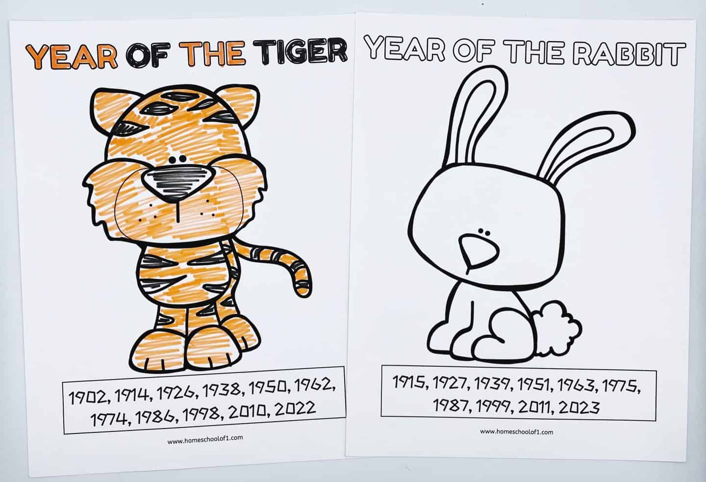 CHINESE ZODIAC COLORING PAGES TIGER RABBIT
