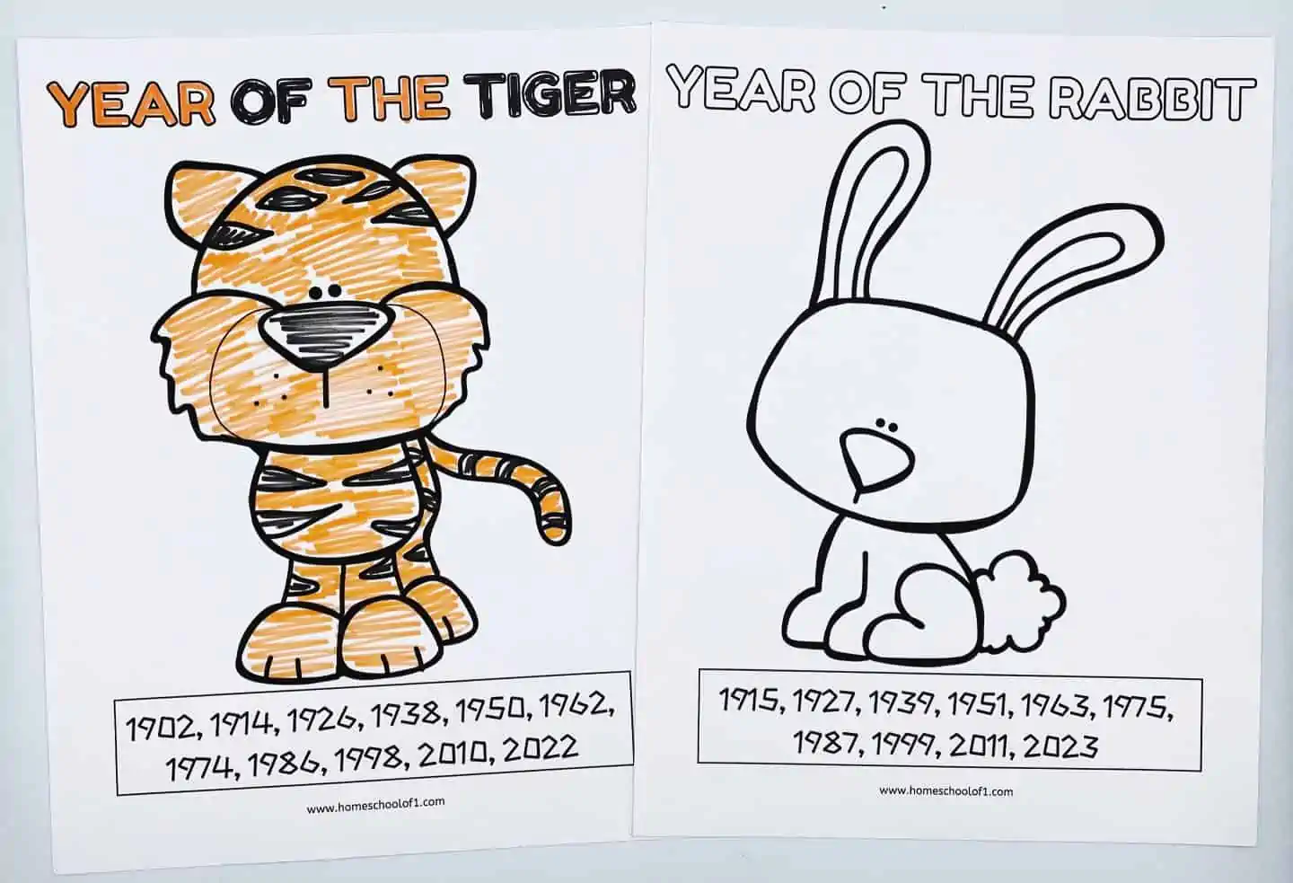 CHINESE ZODIAC COLORING PAGES TIGER RABBIT