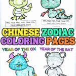 Chinese zodiac coloring pages for kids featuring cute dragon, snake, ox, and rat designs with matching birth years.
