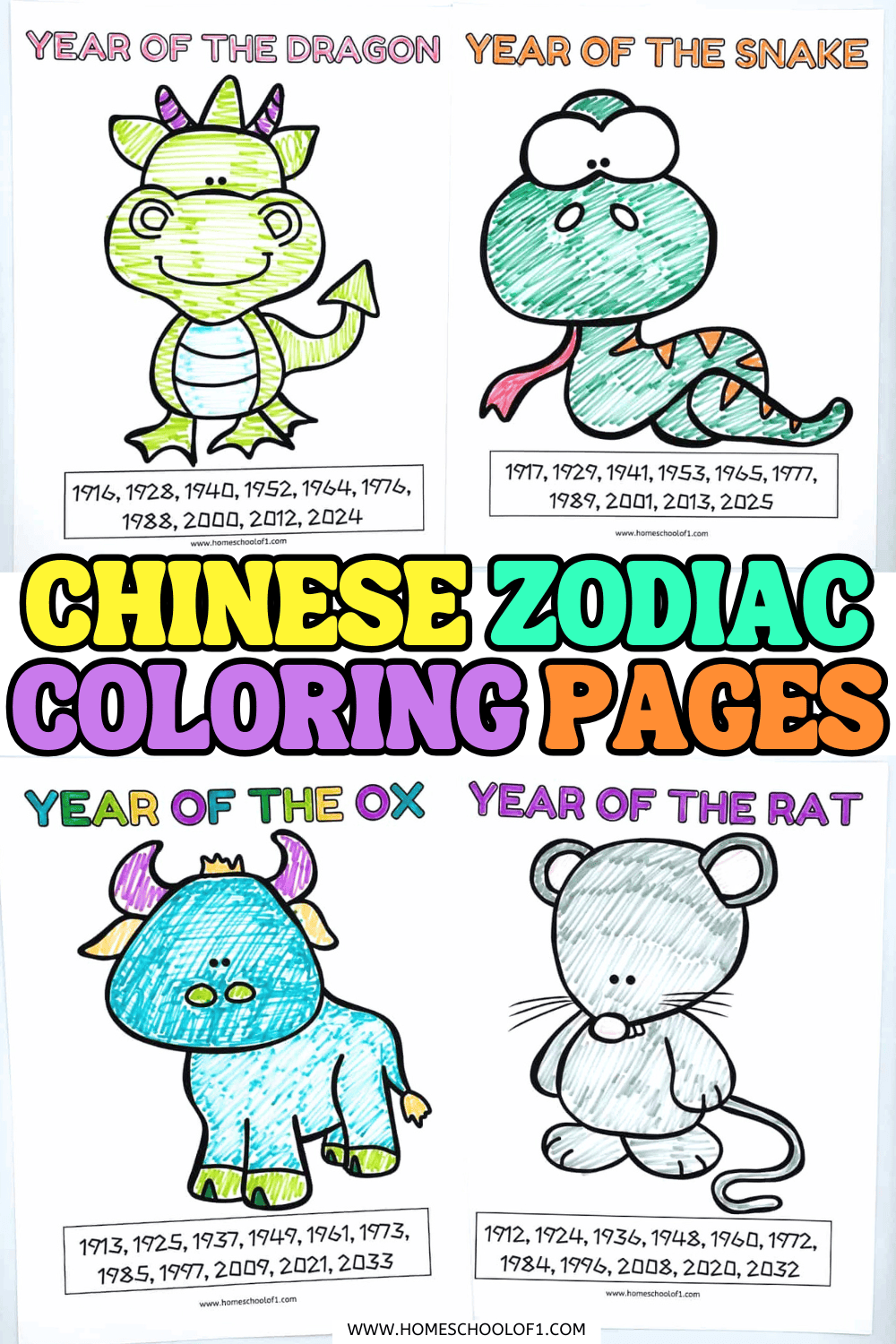 Chinese zodiac coloring pages for kids featuring cute dragon, snake, ox, and rat designs with matching birth years.